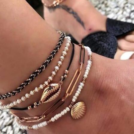 Bohemia Shell Charm -riipus nilkkaketjusetti 5kpl Musta nahka Ketju punottu naru Helmihelmill nilkkakoru