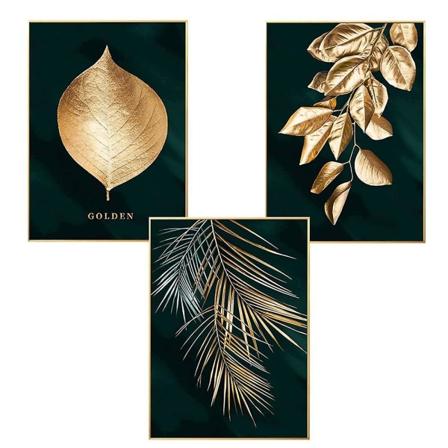Set med 3 designplakater, 30x40cm skog gyldne blader palmeblader veggtrykkbilder uten rammer for stue, 30 x 40 cm Type A