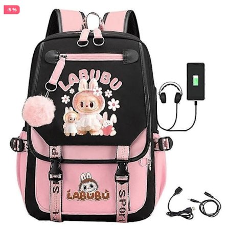 Ny tegneserie USB opladningsrygsæk til studerende skoletaske til mænd kvinder børn - Perfekt