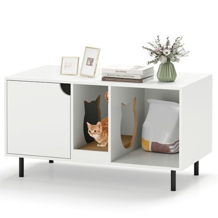 COSTWAY kattsandlåda möbel 100 cm, 2 fack, avtagbar skrapstolpe, metallfötter, inomhus kattmöbler