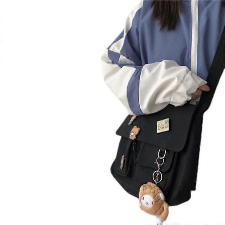 Canvas Messenger Bag med Kawaii Nål og Anheng Dame Jenter Casual En Skulder Messenger Veske Student Skoleveske, 30*23*9cm, Svart