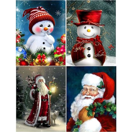 Jule diamantmalingsett for voksne, sett med 4 jule diamantkunst snømann julenissen 5D DIY runde full drill diamantmaling håndverk lerret bilde gave 