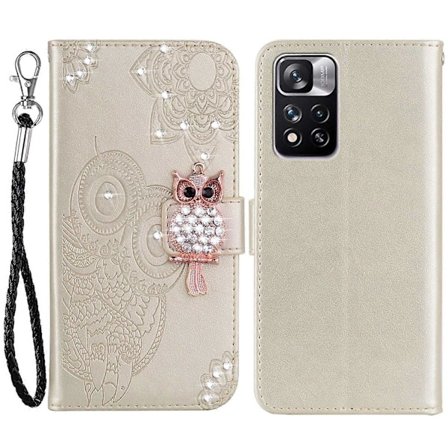 PU Læder Magnetisk Lås Rhinestone Dekoration Telefon Etui Wallet Stand Ugle Blomst Præget Skal