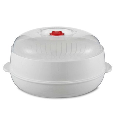 Mikrobølgeovn-damper i BPA-fri plast med låg og bakke, rund, fødevaregodkendt, sikker, nem at bruge, tåler opvaskemaskine til sund madlavning