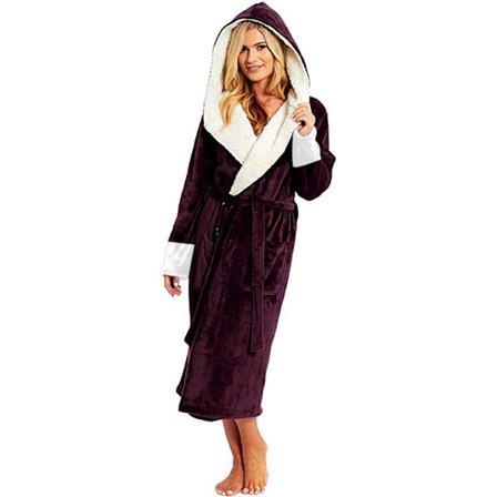Dam Vinter Plysch Morgonrock med Bälte Vinröd XL