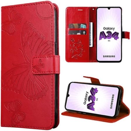 Coque - BOOLING - för Samsung Galaxy A34 5G - Mönster Fjäril - Lädereffekt - Röd