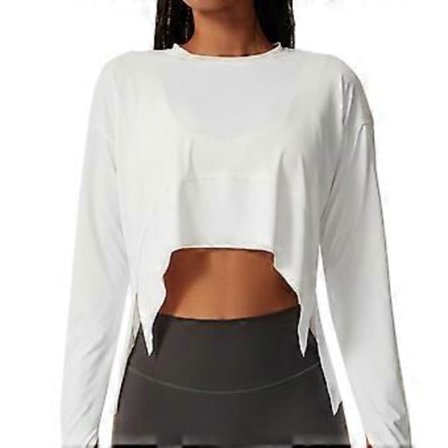 Träningslinne för kvinnor, långärmad, löst sittande, med tumhål, flytande, stretchigt, atletiskt, avslappnat (S Vit)