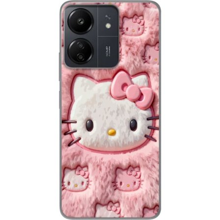 Yhteensopiva Puhelinkuori Xiaomi Redmi 13C Hello Kitty vaaleanpunainen pörröinen tausta, jossa on ikoninen kasvot ja kawaii-esteettisyys