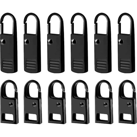 12-delad blixtlåspullersats i metall, universellt blixtlåspullersats i zinklegering (svart, 2 storlekar)