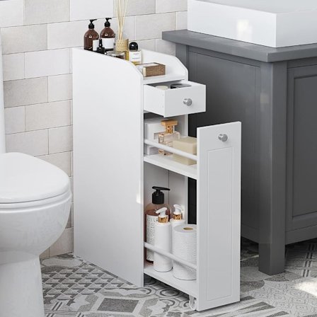 Ohut kylpyhuonekaappi ulosvedettävällä laatikolla – Valkoinen