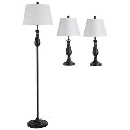 Rootz 3-piece Lamp Set - 2 Table Lamps - 1 Floor Lamp - Vintage - Living Room - Bedroom - Black+white