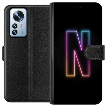Yhteensopiva Lompakkokotelo Xiaomi Xiaomi 12 Pro Minimalistinen neonkirjain N värinvaihtuvassa valossa mustaa taustaa vasten