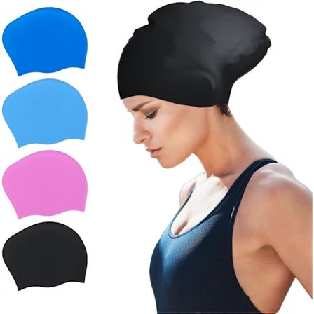 Badehette for langt hår, stor badehette for kvinner, vanntett silikonbadehette for langt hår, badehette for voksne, svart 2024THO
