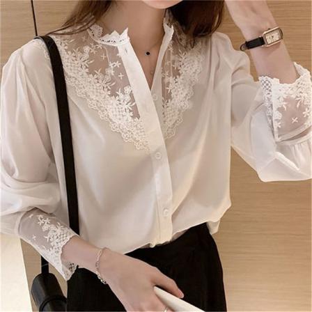 Mode Kvinnor Spets Patchwork Chiffong Blusar Vintage Elegant Lo