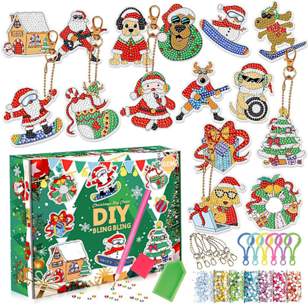 Jul Blind Box, 15 st DIY Cartoon Diamantmålning Nyckelring Hänge för Barnpresent--