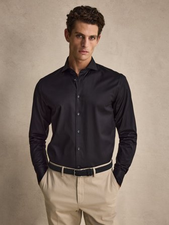 John Henric Men's Schwarzes Stretch-Hemd Slim Fit Size 40