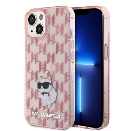 Karl Lagerfeld Monogram Choupette tapauksessa iPhone 15 - vaaleanpunainen