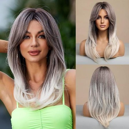 Pitkät kerrostetut ombre-harmaat peruukit naisille, 22 tuuman ombre-harmaa sivujakaus synteettinen peruukki, olkapituinen peruukki