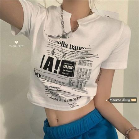 Vintage Letter Print Kortärmad T-shirts Dam Sexig Slim Summ