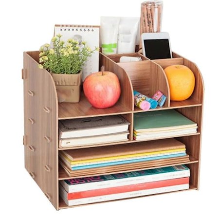 Skrivebordsorganisator i tre, kontorrekvisita, pennholder, tresorterer med skuff, pennblyantorgan