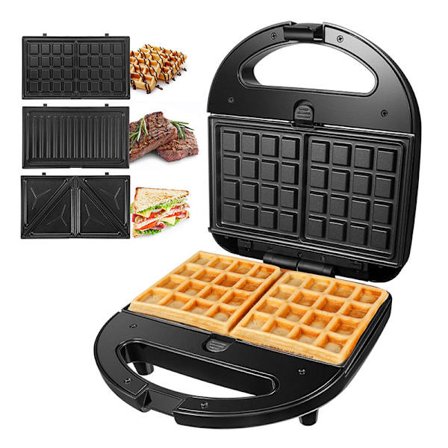 3 i 1 Sandwichmaker, Vaffeljern, Panini Presse, 750W, med 3 Ikke-Klebbende og Utbyttbare Plater, LED-Skjerm og Mer