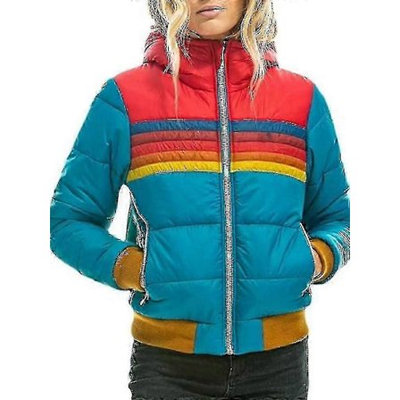 Dame Regnbue Lynlås Vinter Dunjakke Casual Stribet Hætte Pufferjakke