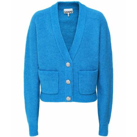Ganni, K1739 Soft Wool Knit Cardigan Blauw, Dames, Maat:L,alpaca