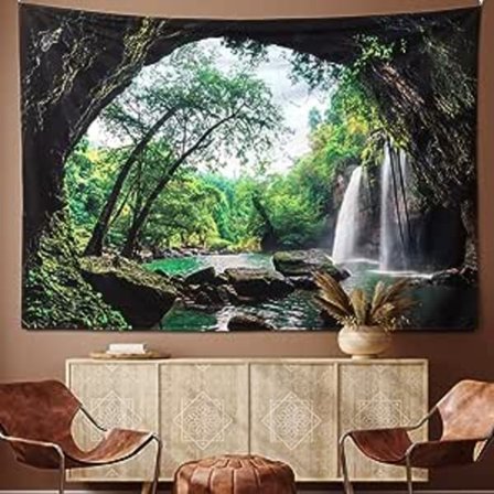 Extra stor skogstapet 250 x 180 cm grottvy med vattenfall