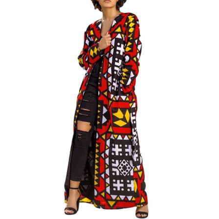 Casual Printed lång kappa med midjebälte Dam Långärmad Casual Coat Cardigan Ny a l