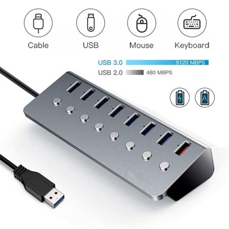 8 portar USB 3.0 Hub-driven USB expanderare med på/av-knappar