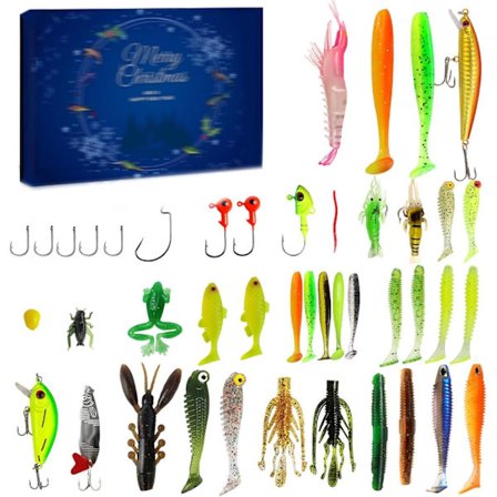 Fiskekalender 2024, Fiske-Adventskalender – 24-dagers Julekalender Fisketilbehørssett for Mann, Venn.k