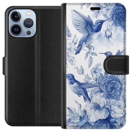 Kompatibel Tegnebogsetui til Apple iPhone 13 Pro Max Fugle og blomster blå romantiskt mønster