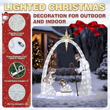 5,5 ft julekrybbe til udendørs brug, oplyst julekrybbe til udendørs juledekoration, julehellig familie havedekoration - lingling}