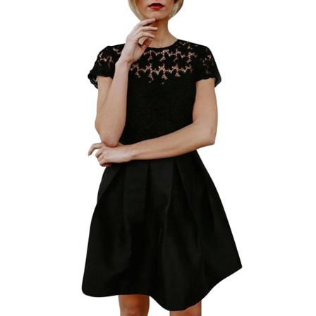 Elegant Kvinnor Kortärmad Spets Patchwork Sexig Rygglös Klänning S
