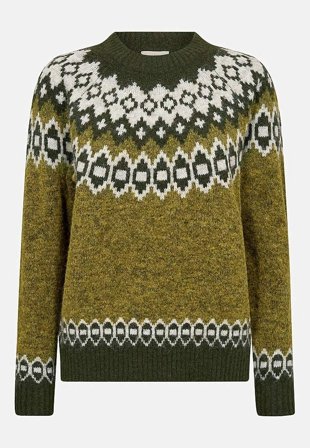 Freequent - Stickad tröja med jacquardmönster - grönmelange - för damer - L (42) - Cellbes