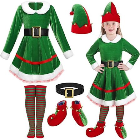 Piger Jule Elf Kjole Kostume Sæt Elf Cosplay Outfit Fløjlskjole Elf Hat Ørebælte Knæstrømper til Julefrokost
