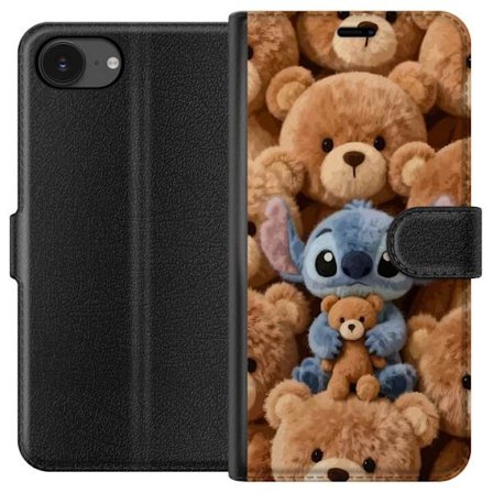 Kompatibel Tegnebogsetui til Apple iPhone 16e Stitch omgivet af brune teddybjørne med en lille teddybjørn i armene i en sød og hyggelig kawaii-design