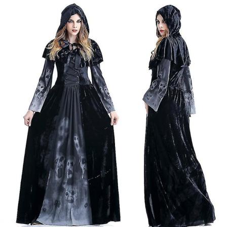 Halloween Carnival Skull Print Lang kjole Witch Queen Costume Kostyme Høy kvalitet 2XL