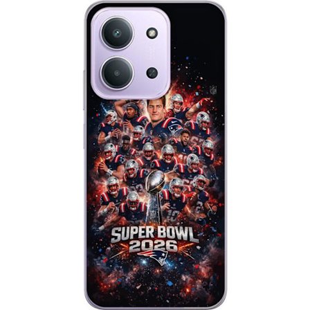 Kompatibel Mobilcover til Xiaomi Redmi 15C Super Bowl 2026 plakat med New England Patriots og NFL-pokal i eksplosiv sportsdesign