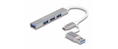 Delock 4 Port Slim USB Hub mit USB Type-C oder USB Typ-A zu 3 x USB 2.0 Typ-A Buchse + 1 x USB 5 Gbps Typ-A Buchse
