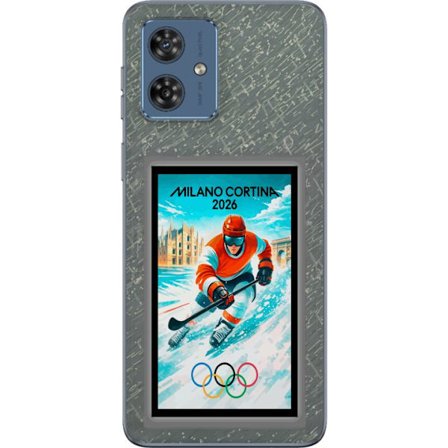 Yhteensopiva Puhelinkuori Motorola Moto G54 Curlingkuvitus pelaajilla ja kivillä jäällä, Milano Cortina 2026, lumisia roiskeita ja olympiasormukset