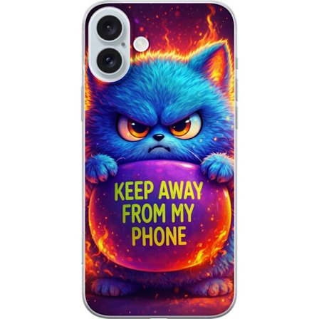 Yhteensopiva Puhelinkuori Apple Apple iPhone 16 Plus Vihainen pörröinen sininen kissa, jossa teksti "Pidä loitolla puhelimestani" neonväreillä ja