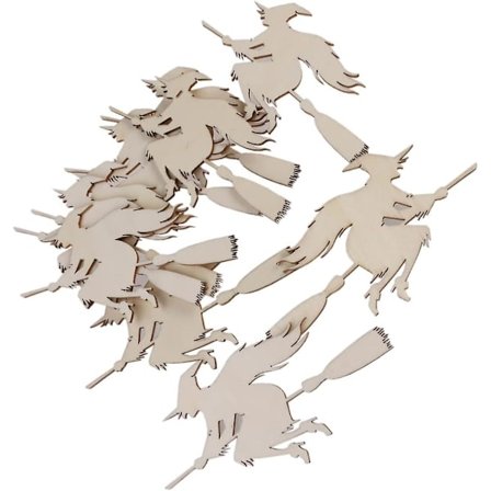 10 stk. Halloween-trepynt i tre - Hengelampe med heks på kostmønster