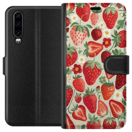 Kompatibelt Lommeboketui til Huawei P30 Dekorativt mønster med røde jordbær, grønne blader og små blomster