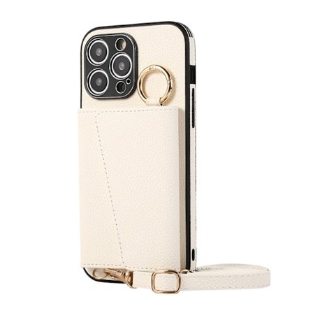 Fodral för iPhone 14 promax vit [med crossbody-rem] lämplig sminkspegel läderkortväska