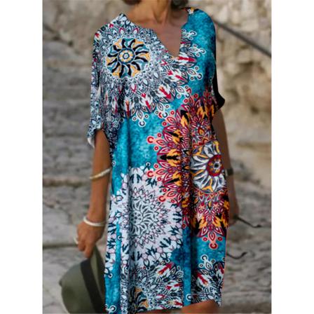 Print Blommig Vintage Klänning Kvinnor Sommar Casual V-ringad Halv Sleeve