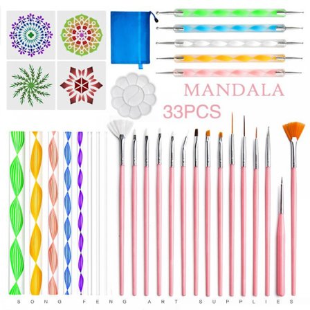 33 stk. Mandala prikkeværktøjssæt til maling af sten, maling af sten prikkesæt, Mandala stencils, akrylstav, punktborværktøj, plus stencil (stil 3)