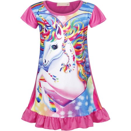 Jenters nattkjoler, nattøy, enhjørning-soveskjorter, kortarmet barnepyjamas, nattkjole