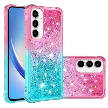 SKALO Samsung A35 5G Kvicksand Glitter Hjerter TPU Cover - Pink-Turkis