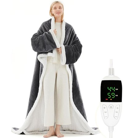 [LCS] Bærbar opvarmet tæppe med ærmer og fodbeskytter - elektrisk komforttæppe med 6 temperaturindstillinger. Unisex/egnet til familiebrug.